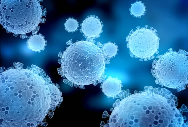 Covid-19 hastalığının mikroskobik görüntüsü. Mavi Coronavirus hastalığı vücut hücrelerine yayılıyor. Mikroskop seviyesi 3D görüntüleme 2019-nCoV analizi