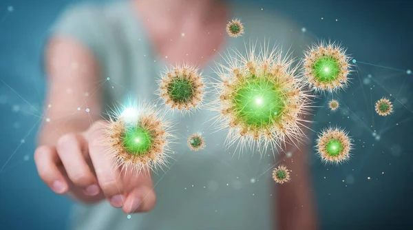 Wanita Dengan Latar Belakang Kabur Menganalisis Coronavirus Pada Render Mikroskopis — Stok Foto