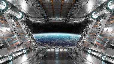 Beyaz ve gümüş fütüristik uzay gemisi. NASA tarafından döşenmiş bu görüntünün 3 boyutlu görüntüsü.