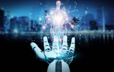 Robot eli bulanık arkaplanda dijital x-ray insan vücut holografik taraması projeksiyonu 3D kullanarak