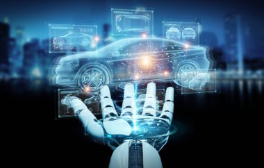 Robot el arka planda bulanık duruyor ve holografik akıllı araba arayüzü projeksiyonuna dokunuyor.
