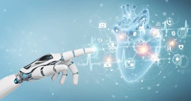 Robot el, insan kalbi holografik tarama projeksiyonunun dijital röntgenini kullanarak bulanık arkaplanda 3D görüntüleme yapıyor.