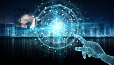 Koyu arkaplan üzerinde tel çerçeveli robot el ve insan eli dijital küre ağına dokunuyor.