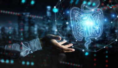 İnsan eli, insan bağırsağı holografik tarama projeksiyonunun dijital röntgenini kullanarak koyu arkaplanda.