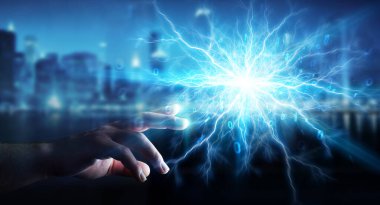 Karanlık arka planda iş adamı yenilenebilir ve sürdürülebilir eko enerji 3D oluşturma