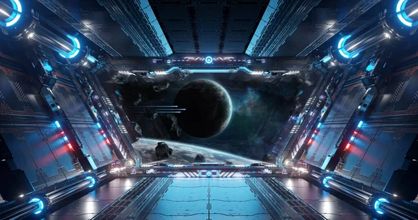 Μπλε Και Κόκκινο Φουτουριστικό Διαστημόπλοιο Εσωτερικό Θέα Παράθυρο Μακρινούς Πλανήτες — Φωτογραφία Αρχείου