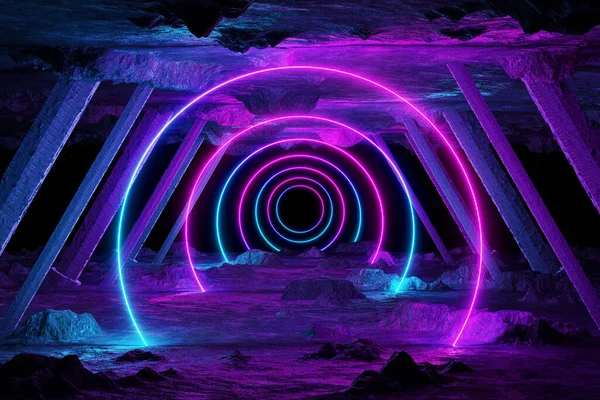 Abstract Background Blue Pink Neon Light Circles Reflecting Asteroid Spaceship — Stock Photo, Image