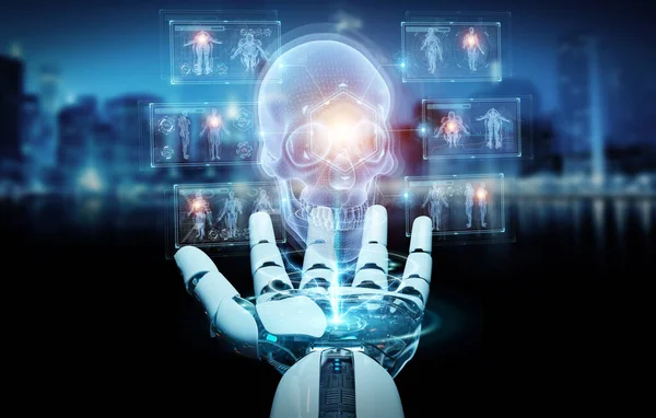 Robot Kéz Elmosódott Háttérrel Digitális Röntgen Koponya Holografikus Szkennelés Vetítés — Stock Fotó
