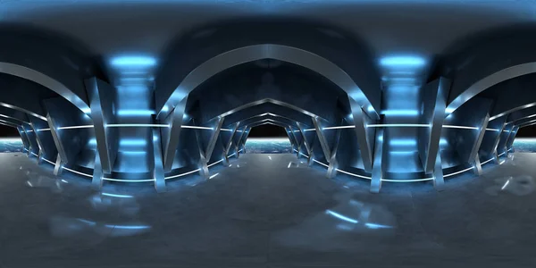 Wysoka Rozdzielczość Panorama Hdri Ciemnoniebieskiego Futurystycznego Wnętrza Jak Statek Kosmiczny — Zdjęcie stockowe