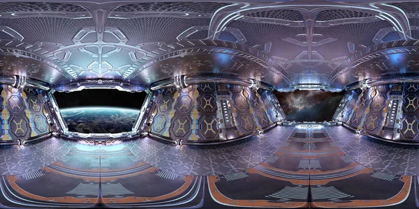 色の宇宙船の内部の高解像度のHdriパノラマビュー 未来的な宇宙船室3Dレンダリングの360パノラマ反射マッピング Nasaによって提供されたこの画像の要素 — ストック写真