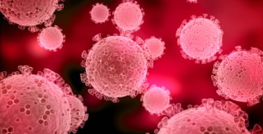 Covid-19 hastalığının mikroskobik görüntüsü. Kırmızı Coronavirus hastalığı vücut hücrelerine yayılıyor. Mikroskop seviyesi 3D görüntüleme 2019-nCoV analizi