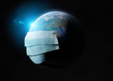 Dünya, Coronavirüs salgınından dolayı cerrahi bir maskeyle kaplandı. Covid-19 Avrupa 'da ülkeler arasında yayılıyor. 2019-Ncov, NASA tarafından desteklenen bu görüntünün 3 boyutlu elementlerini Dünya 'ya bulaştırıyor.