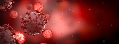 Covid-19 hastalığının mikroskobik yakın çekimi. Kırmızı Coronavirus hastalığı vücut hücrelerine yayılıyor. Mikroskop seviyesi 3D görüntüleme 2019-nCoV analizi