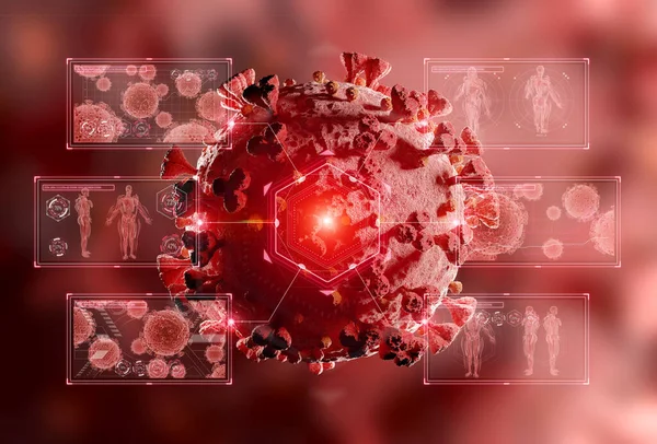 Covid-19 hastalığının mikroskobik yakın çekimi. Kırmızı Coronavirus hastalığı vücut hücrelerine yayılıyor. Mikroskop seviyesi 3D görüntüleme 2019-nCoV analizi