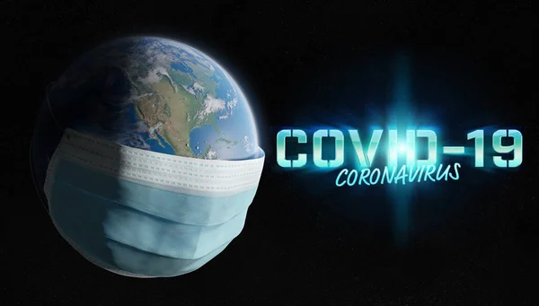 The world covered by a surgical mask from the Coronavirus pandemic. Covid-19 spreading in The Untited States. 2019-ncov infecting the planet Earth 3D rendering elements of this image furnished by NASA