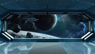 Koyu mavi uzay gemisi uzay ve gezegenler üzerine pencere görüşlü fütüristik iç mekan NASA tarafından desteklenen bu görüntünün 3 boyutlu görüntüleme elementleri