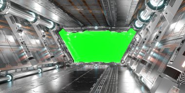 Beyaz ve gümüş fütüristik uzay gemisi içi yeşil ekran 3D görüntüleme