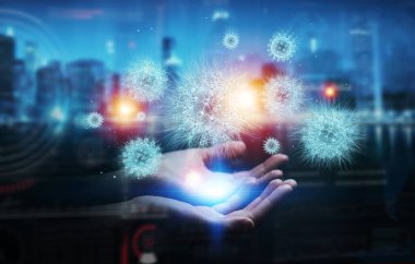 Koyu arkaplanda mikroskobik yakın plan 3D görüntüleme üzerinde koronavirüsü analiz eden bir adam var.