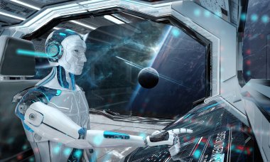 Robot cyborg bir beyaz modern uzay penceresi görünümü alan 3d render ile uçan bir kontrol odasında