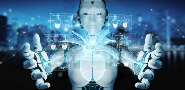 Bulanık arka plan tutması ve dijital analiz 3D görüntülü bir bitkinin holografik yansımasına dokunan robot.