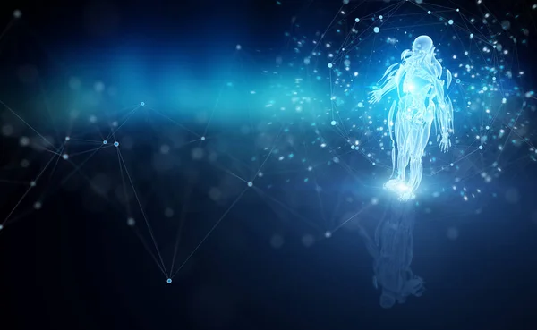 Koyu Mavi Arkaplan Üzerinde Dijital Işını Insan Vücudu Holografik Tarama — Stok fotoğraf