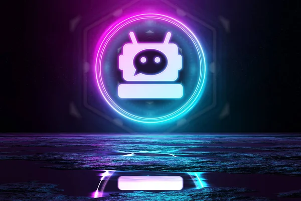 Digital Chatbot Holographic Icon Circle Illuminating Floor Blue Pink Neon — Stock Photo, Image