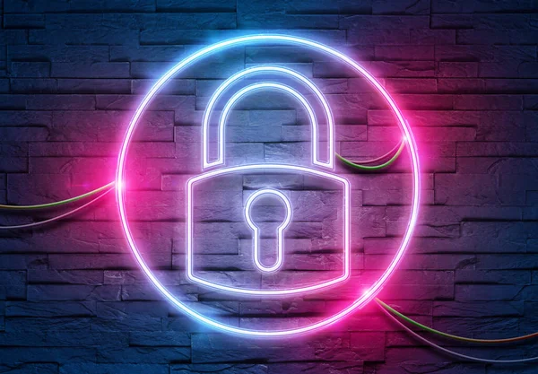 Web security neon tubes icon illuminating a brick wall with blue and pink glowing light 3D rendering