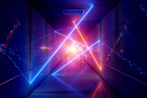 Glowing blue and orange neon light tubes in long dark underground tunnel reflecting on walls and floor abstract background 3D rendering