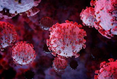 Coronavirus 'un mikroskobik seviyede 3 boyutlu görüntülenmesi. Covid-19 hastalığının mikroskop görüntüsü. 2019-nCoV vücut hücresine yayılıyor 
