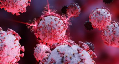 Covid-19 hastalığının mikroskobik yakın çekimi. Kırmızı Coronavirus hastalığı vücut hücrelerine yayılıyor. Mikroskop seviyesi 3D görüntüleme 2019-nCoV analizi