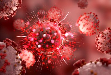 Covid-19 hastalığının mikroskobik yakın çekimi. Kırmızı Coronavirus hastalığı vücut hücrelerine yayılıyor. Mikroskop seviyesi 3D görüntüleme 2019-nCoV analizi