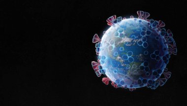 Mavi kablo şeklinde Coronavirus şeklinde Dünya gezegeni. Covid-19 salgını ABD 'de ülkeler arasında yayılıyor ve nüfusu etkiliyor. 2019-Ncov dünyaya ve Amerika 'ya bulaşıyor. NASA tarafından desteklenen bu görüntünün 3 boyutlu görüntülerini oluşturuyorlar.