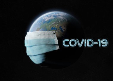 Dünya, Coronavirüs salgınından dolayı cerrahi bir maskeyle kaplandı. Covid-19 Avrupa 'da ülkeler arasında yayılıyor. 2019-Ncov, NASA tarafından desteklenen bu görüntünün 3 boyutlu elementlerini Dünya 'ya bulaştırıyor.