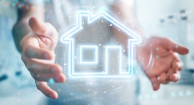 Gayri menkul dijital neon arayüzü kullanan bulanık arkaplan sahibi adam 3D görüntüleme