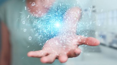 Bulanık arka plandaki kadın yeni bir geleceksel enerji kaynağı yaratıyor. 3D görüntüleme