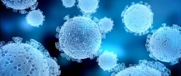 Covid-19 hastalığının mikroskobik görüntüsü. Mavi Coronavirus hastalığı vücut hücrelerine yayılıyor. Mikroskop seviyesi 3D görüntüleme 2019-nCoV analizi