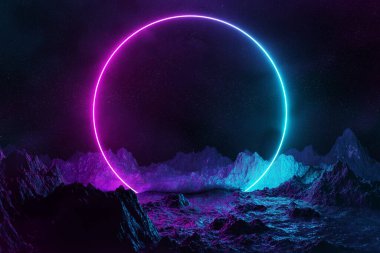 Asteroit dağ zeminine yansıyan mavi ve pembe neon ışık çemberli soyut arkaplan 3D