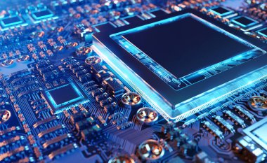 Devre, renkli ışıklar ve 3D görüntüleme ile modern bir GPU kartının yakın görüntüsü