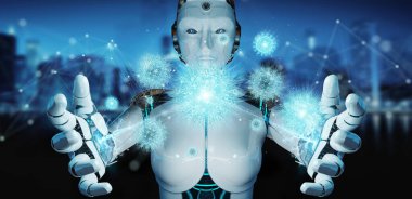 Bulanık arkaplanda robot dijital holografik projeksiyonla bakterileri analiz ediyor.