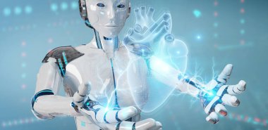 İnsan kalbi holografik tarama projeksiyonunun dijital röntgenini kullanarak bulanık arkaplan üzerindeki robot 3D