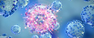 Covid-19 hastalığının mikroskobik yakın çekimi. Mavi ve Kırmızı Coronavirus hastalığı vücut hücrelerine yayılıyor. Mikroskop seviyesi 3D görüntüleme 2019-nCoV analizi