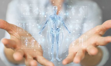 Bulanık arkaplanda, dijital x-ray insan vücut taraması projeksiyonu 3D görüntüleme kullanan bir kadın.