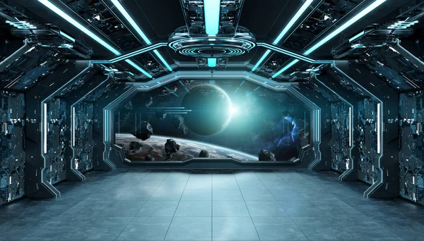Темно Синій Космічний Корабель Футуристичний Інтер Вікном Огляду Космосі Планети — стокове фото
