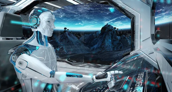 Robot Cyborg Bir Beyaz Modern Uzay Penceresi Görünümü Alan Render — Stok fotoğraf