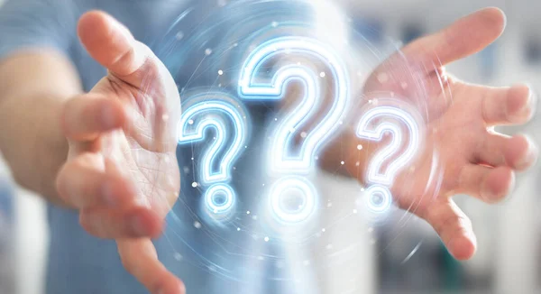 Man Blurred Background Using Digital Question Marks Holographic Interface Rendering — Stock Photo, Image