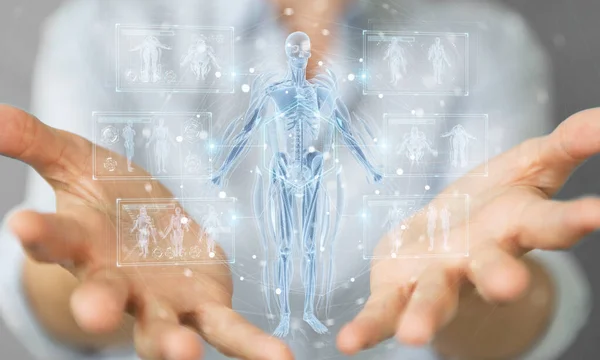 Woman Blurred Background Using Digital Ray Human Body Holographic Scan — Stock Photo, Image