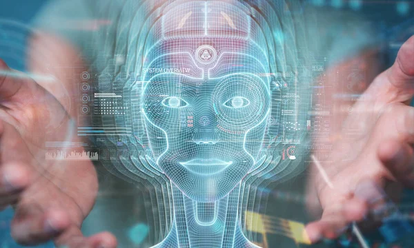 デジタル人工知能ヘッドインターフェイス3Dレンダリングを使用して背景のぼやけた女性 — ストック写真