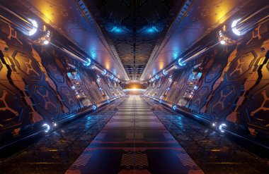Orange and blue futuristic spaceship interior with window view on planet Earth 3d rendering elements of this image furnished by NASA clipart