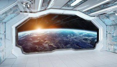 Beyaz mavi uzay gemisi fütüristik iç gezegende pencere manzaralı toprak Nasa tarafından döşenmiş bu görüntü 3d işleme öğeleri