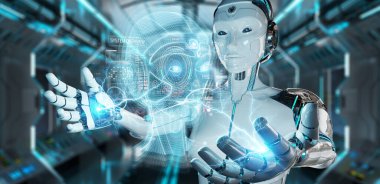 Bulanık arkaplanda bulunan beyaz robot dijital yapay zeka arayüzü kullanarak 3D görüntüleme